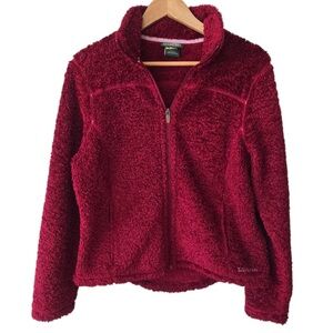 LL Bean Womens Burgandy Red Fleece Teddy Zip Up Jacket Sz M